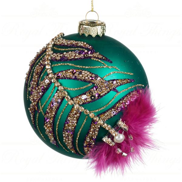 Goodwill Christmas Glass Ball Jewel Plume Ball Purple Green Gold Tr 22437 Green