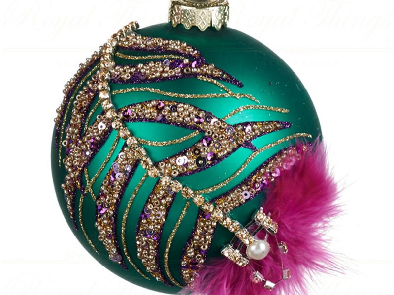 Goodwill Christmas Glass Ball Jewel Plume Ball Purple Green Gold Tr 22437 Green