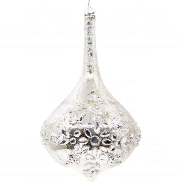 Goodwill Christmas Glass Ball Juweled Snowflake Antique Silver L 31117 Teardrop Front