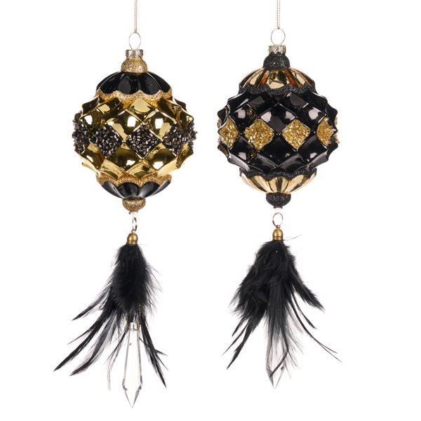 Goodwill Christmas Glass Ornament 3d Dangle Plumed Diamond Black Gold Tr 20527
