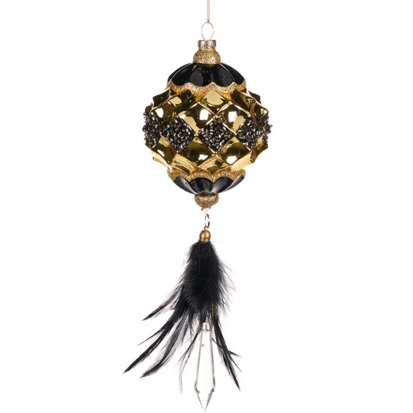Goodwill Christmas Glass Ornament 3d Dangle Plumed Diamond Black Gold Tr 20527 A