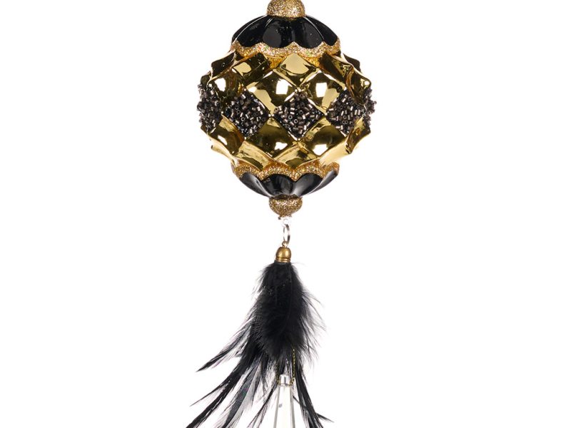 Goodwill Christmas Glass Ornament 3d Dangle Plumed Diamond Black Gold Tr 20527 A