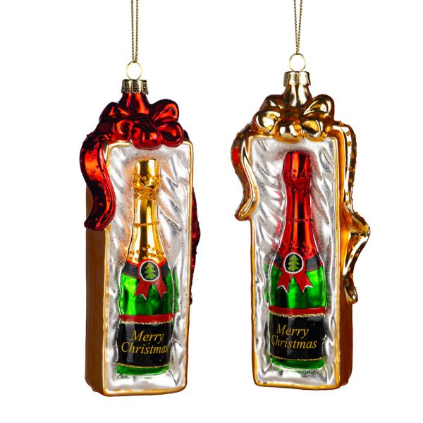 Goodwill Christmas Glass Ornament Champagne Bottle Gift Box Red Green Tr 20509