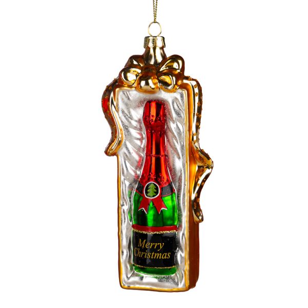 Goodwill Christmas Glass Ornament Champagne Bottle Gift Box Red Green Tr 20509 B