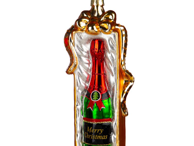Goodwill Christmas Glass Ornament Champagne Bottle Gift Box Red Green Tr 20509 B