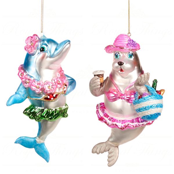 Goodwill Christmas Glass Ornament Dress Up Seal Dolphin Blue Pink White Tr 20532