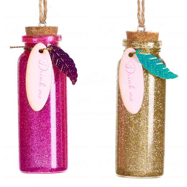Goodwill Christmas Glass Ornament Drink Me Bottle Pink Gold P 29043