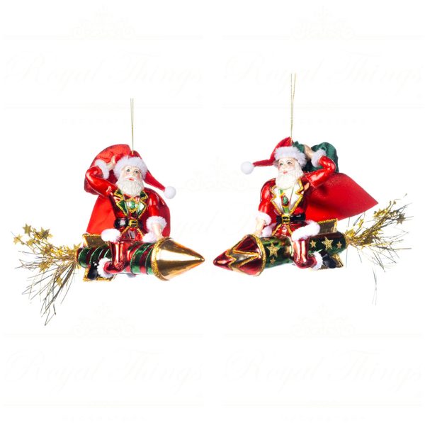 Goodwill Christmas Glass Ornament Fabric Santa On Rocket Red Green Gold Tr 21056