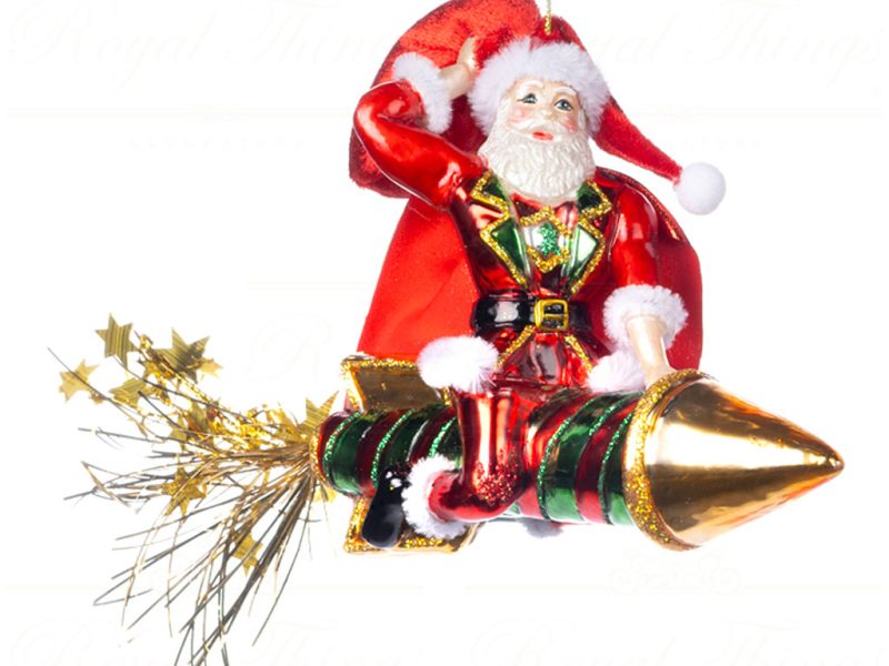 Goodwill Christmas Glass Ornament Fabric Santa On Rocket Red Green Gold Tr 21056 Red