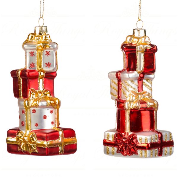 Goodwill Christmas Glass Ornament Gift Box Stack Red White Gold Tr 21243