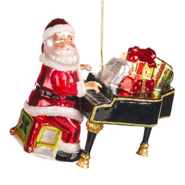 Goodwill Christmas Glass Ornament Glass Santa Playing Piano Red Black Gold Tr 20507