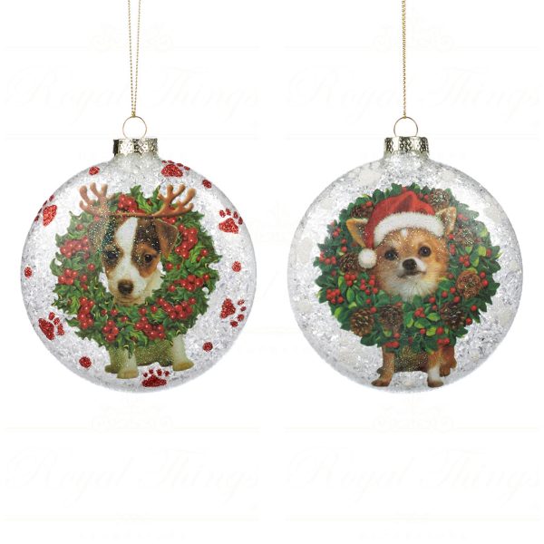 Goodwill Christmas Glass Ornament Glitter Dog Wreath Disc White Green Red Tc 15014