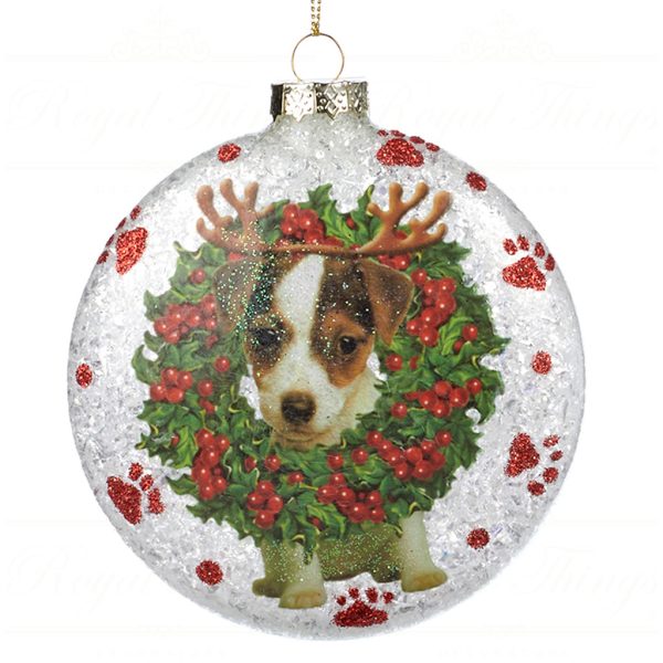 Goodwill Christmas Glass Ornament Glitter Dog Wreath Disc White Green Red Tc 15014 Red