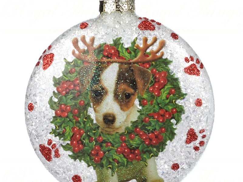 Goodwill Christmas Glass Ornament Glitter Dog Wreath Disc White Green Red Tc 15014 Red