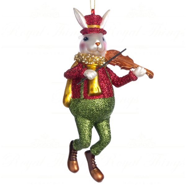 Goodwill Christmas Glass Ornament Glitter Rabbit With Violin Red Green Gold Brown Tr 21101