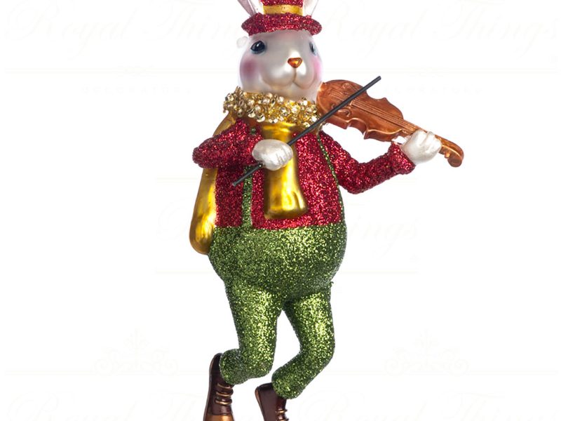 Goodwill Christmas Glass Ornament Glitter Rabbit With Violin Red Green Gold Brown Tr 21101