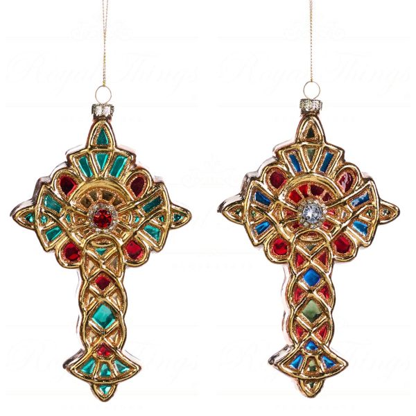 Goodwill Christmas Glass Ornament Jewel Cross Gold Red Blue Green Tr 20639