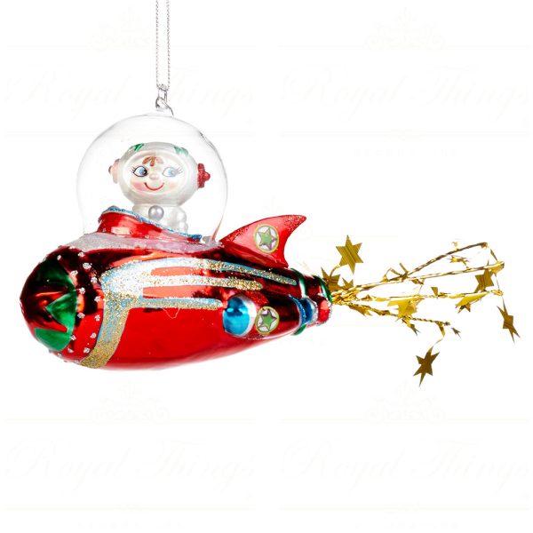 Goodwill Christmas Glass Ornament Kid In Space Ship Rocket Red Gold Tr 21116