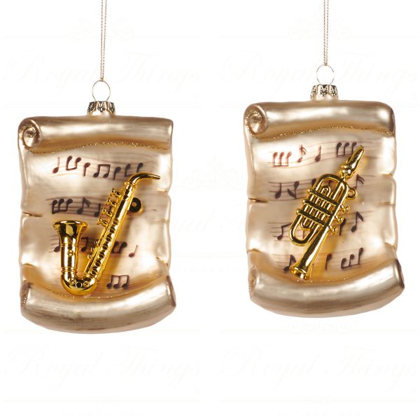 Goodwill Christmas Glass Ornament Music Sheet With Instrument Gold Cream Tr 21321