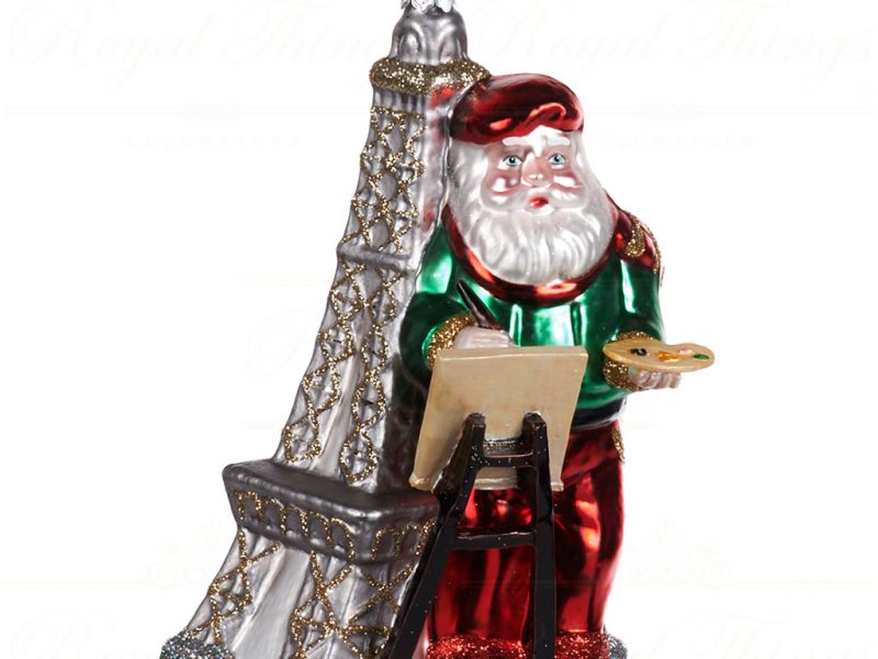 Goodwill Christmas Glass Ornament Painting Santa With Eifel Tower Red Green Brown Silver Tr 22392