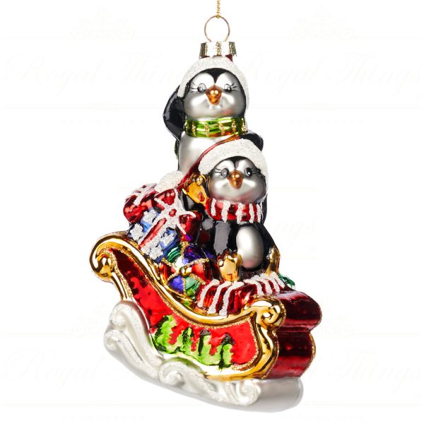 Goodwill Christmas Glass Ornament Penguins On Sleigh Red Gold Green White Black Tc 15019