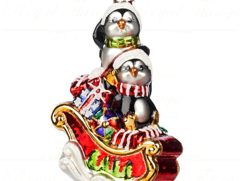 Goodwill Christmas Glass Ornament Penguins On Sleigh Red Gold Green White Black Tc 15019