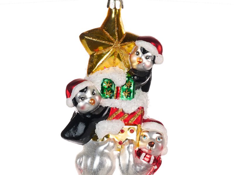 Goodwill Christmas Glass Ornament Penguins Polar Bear Stack Gold Green White Ya 92621