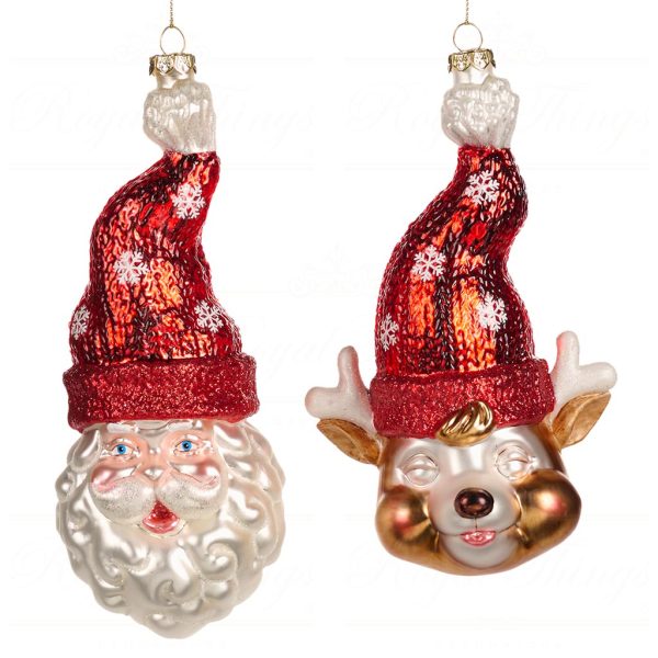 Goodwill Christmas Glass Ornament Santa Deer Head With Hat Red White Gold Tr 20562