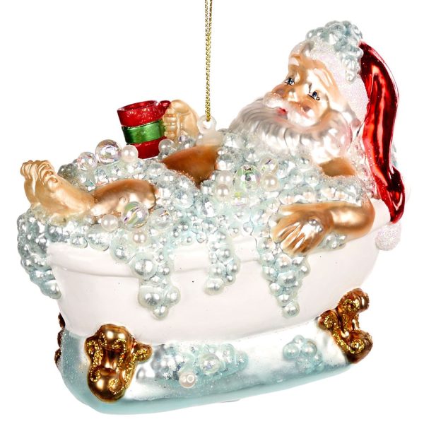 Goodwill Christmas Glass Ornament Santa In Bath Tub White Red Gold Tr 20496