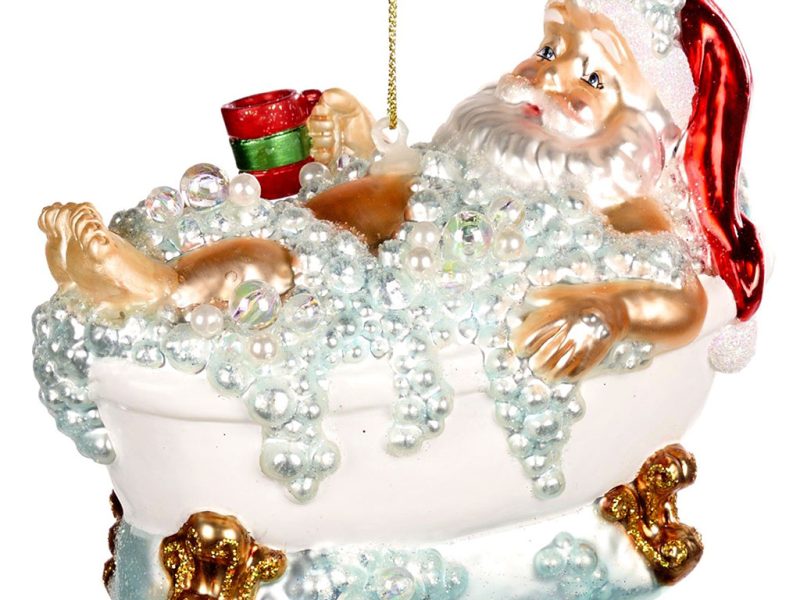 Goodwill Christmas Glass Ornament Santa In Bath Tub White Red Gold Tr 20496