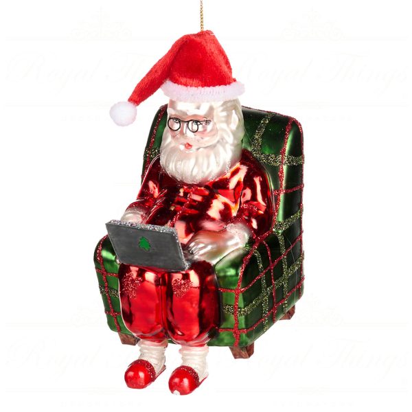 Goodwill Christmas Glass Ornament Santa With Laptop In Comfy Chair Red Green White Tr 20548