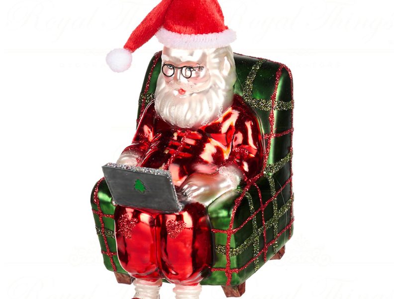 Goodwill Christmas Glass Ornament Santa With Laptop In Comfy Chair Red Green White Tr 20548