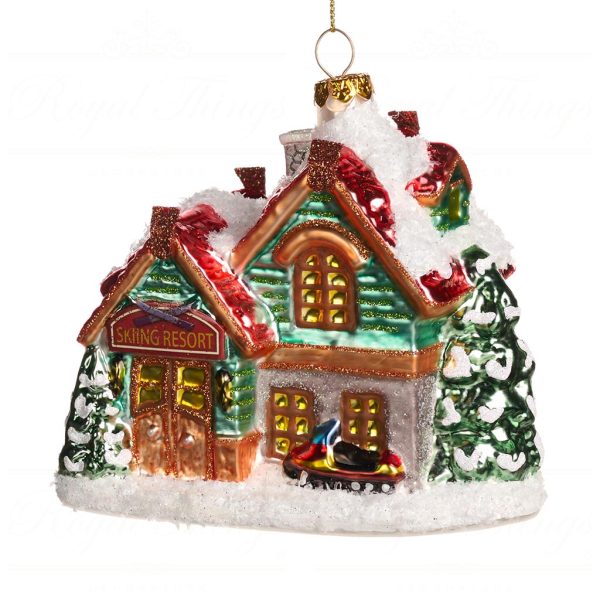 Goodwill Christmas Glass Ornament Skiing Resort House Green Red White Gold Tr 20553