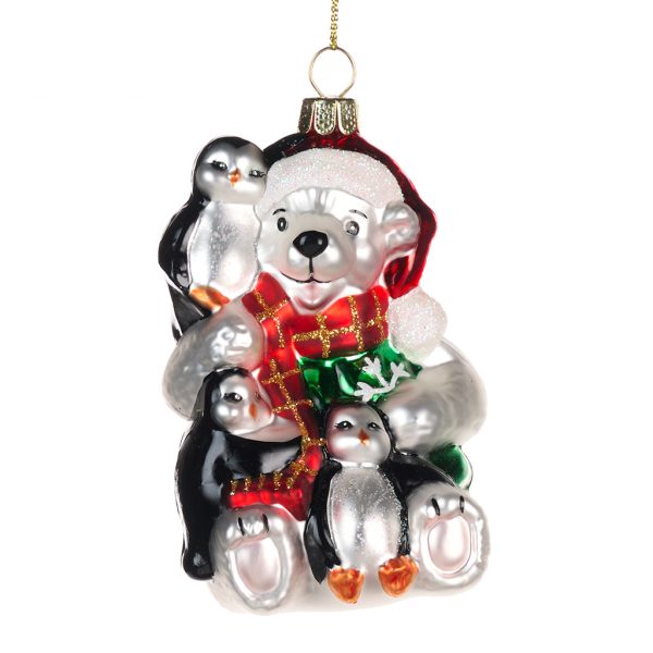 Goodwill Christmas Glass Ornament Xmas Polar Bear And Penguins White Red Ya 92625