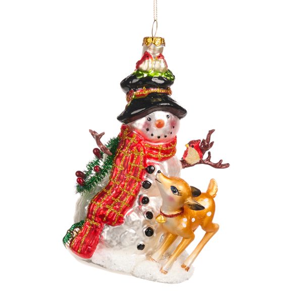 Goodwill Christmas Glass Ornament Xmas Snowman With Bambi White Red Green Tr 20561