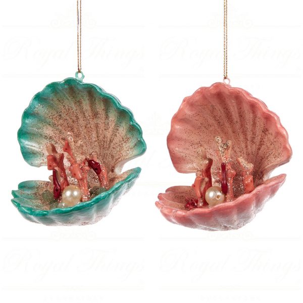 Goodwill Christmas Ornament Coral Clam Shell Blue Pink Gold B 94360