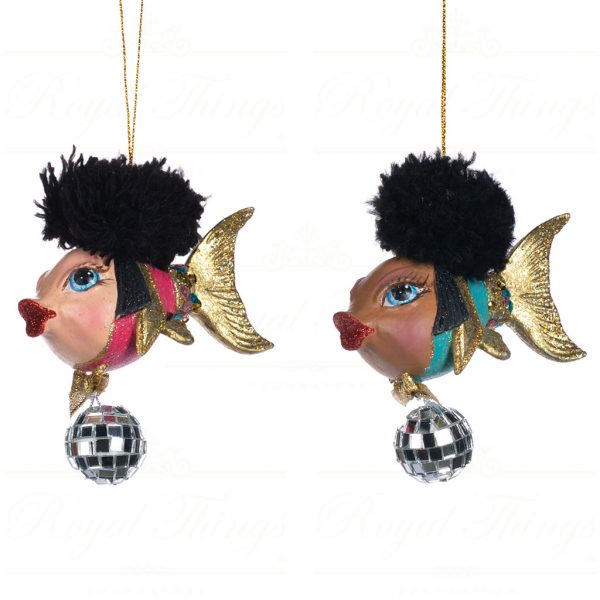 Goodwill Christmas Ornament Disco Ball Fish Pink Blue Black Gold B 90510