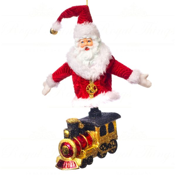 Goodwill Christmas Ornament Fabric Santa Elf On Train Red Gold Black B 89250 Santa