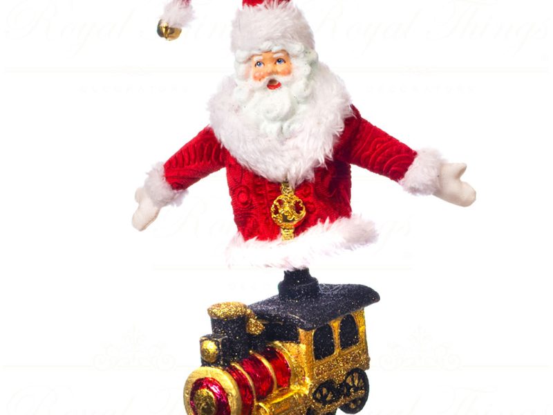 Goodwill Christmas Ornament Fabric Santa Elf On Train Red Gold Black B 89250 Santa