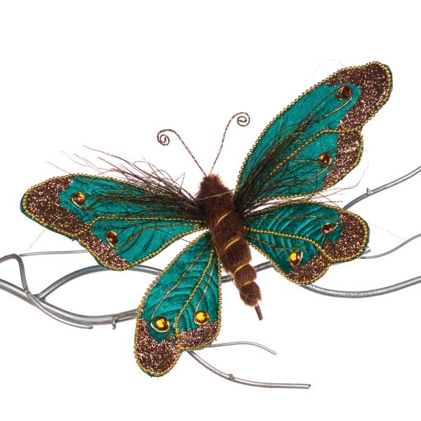 Goodwill Christmas Ornament Furry Butterfly On Clip Green Brown Gold Br 40034