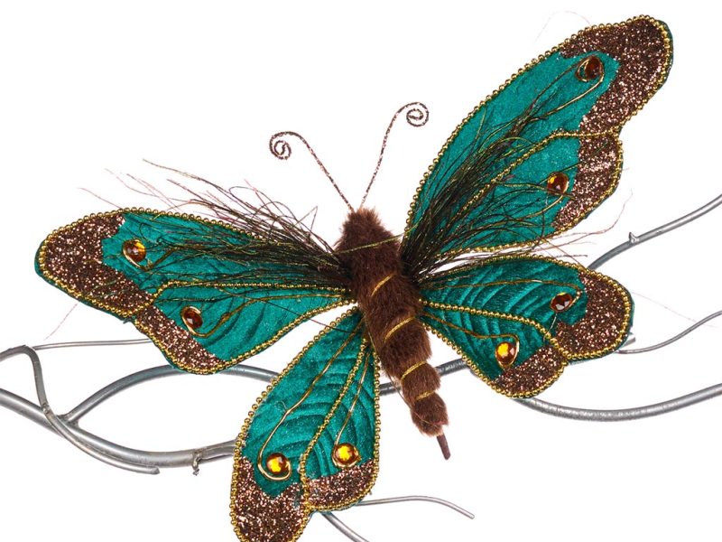Goodwill Christmas Ornament Furry Butterfly On Clip Green Brown Gold Br 40034
