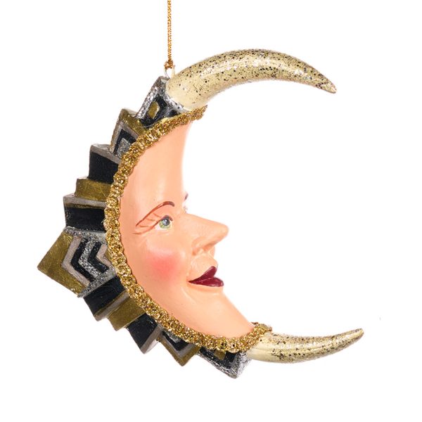 Goodwill Christmas Ornament Grand Hotel Art Deco Dangle Moon Ornament Black Gold Beige B 88261 A