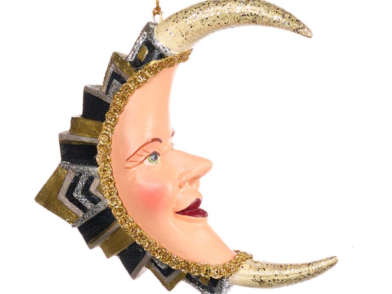 Goodwill Christmas Ornament Grand Hotel Art Deco Dangle Moon Ornament Black Gold Beige B 88261 A