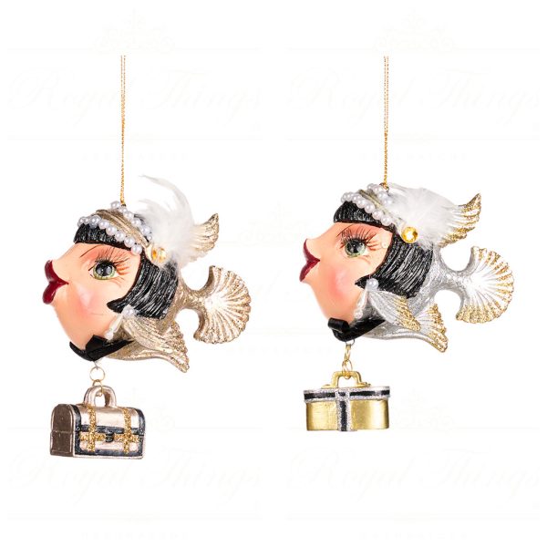 Goodwill Christmas Ornament Grand Hotel Art Deco Flapper Girl Fish Ornament Black Gold Beige B 88257