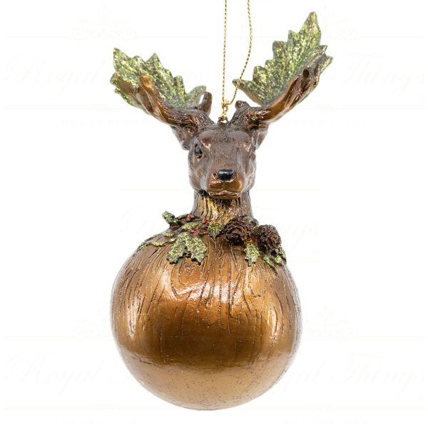 Goodwill Christmas Ornament Heritage Majestic Dear Head On Ball Brown Gold Green B 10287 Dark