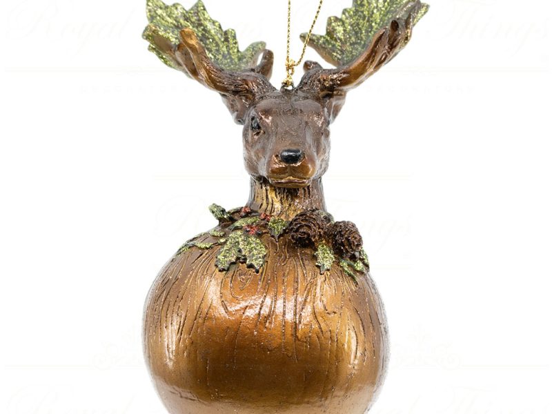 Goodwill Christmas Ornament Heritage Majestic Dear Head On Ball Brown Gold Green B 10287 Dark