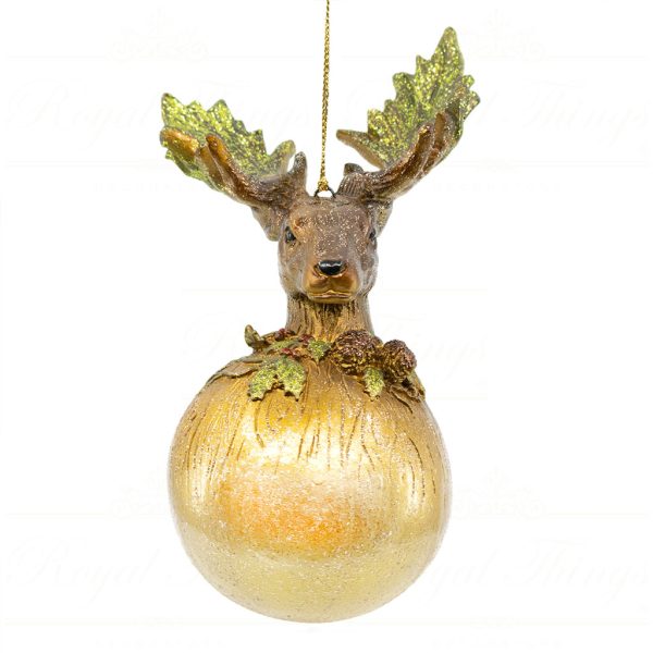 Goodwill Christmas Ornament Heritage Majestic Dear Head On Ball Brown Gold Green B 10287 Light