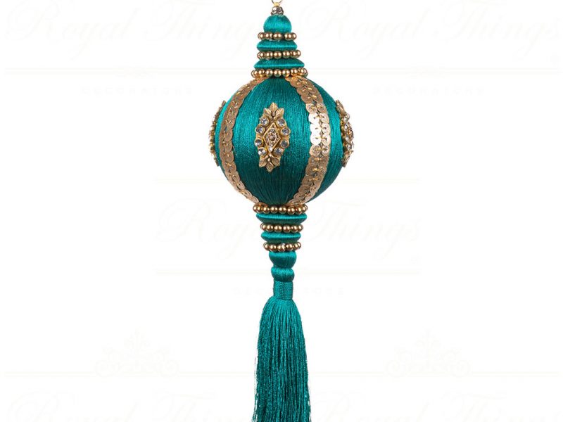 Goodwill Christmas Ornament Jewel Ball Top Tassel Blue Gold L 33106