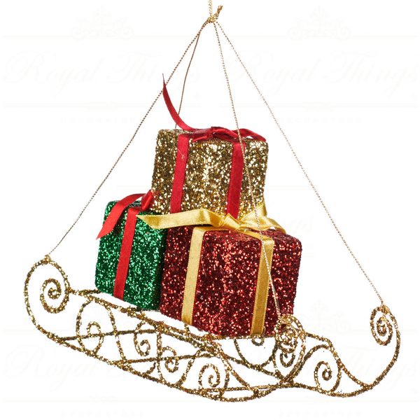 Goodwill Christmas Ornament Metal Sleigh With Xmas Gifts Red Green Gold Br 38202