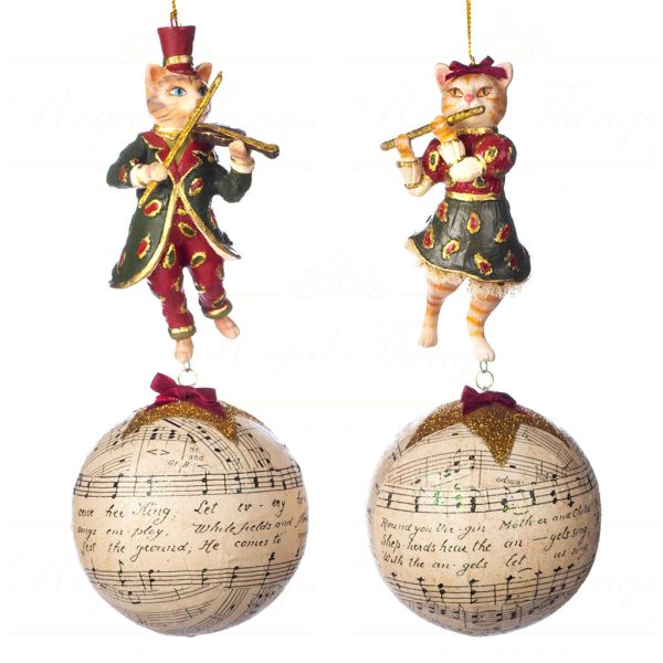 Goodwill Christmas Ornament Parade Music Cat Dangle Ball Burgundy Green Gold Cream B 89304